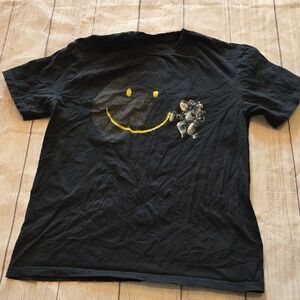 Black Tee with Yellow Smiley and Floral Design